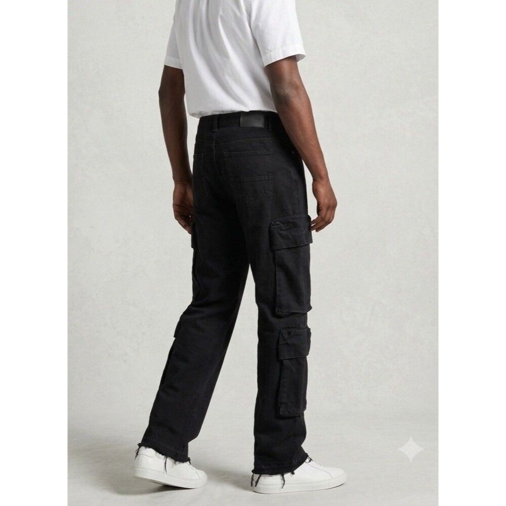 Decibel TALL Men's W36 L37 Multi-Pockets Black Cargo Jeans Raw Hems Streetwear